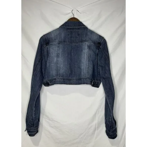 Hot Kiss Cropped Denim Jean Jacket Women's Large Long Sleeve Medium Wash - Picture 6 of 7